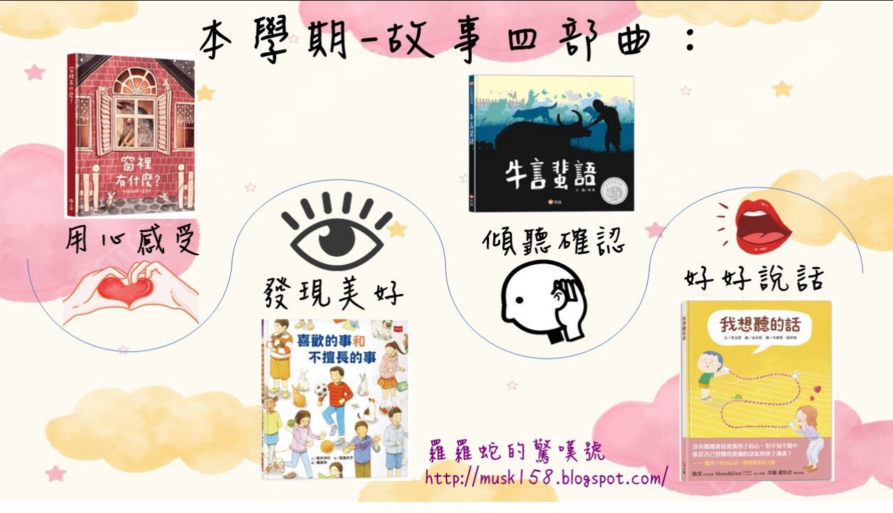羅羅蛇的驚嘆號故事四部曲推薦圖，包含窗裡有什麼、牛言蜚語、喜歡的事和不擅長的事、我想聽的話。