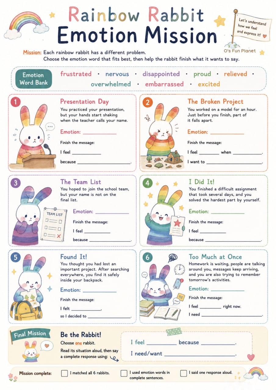 《Rainbow Rabbit Emotion Mission》英文版情緒學習單預覽圖